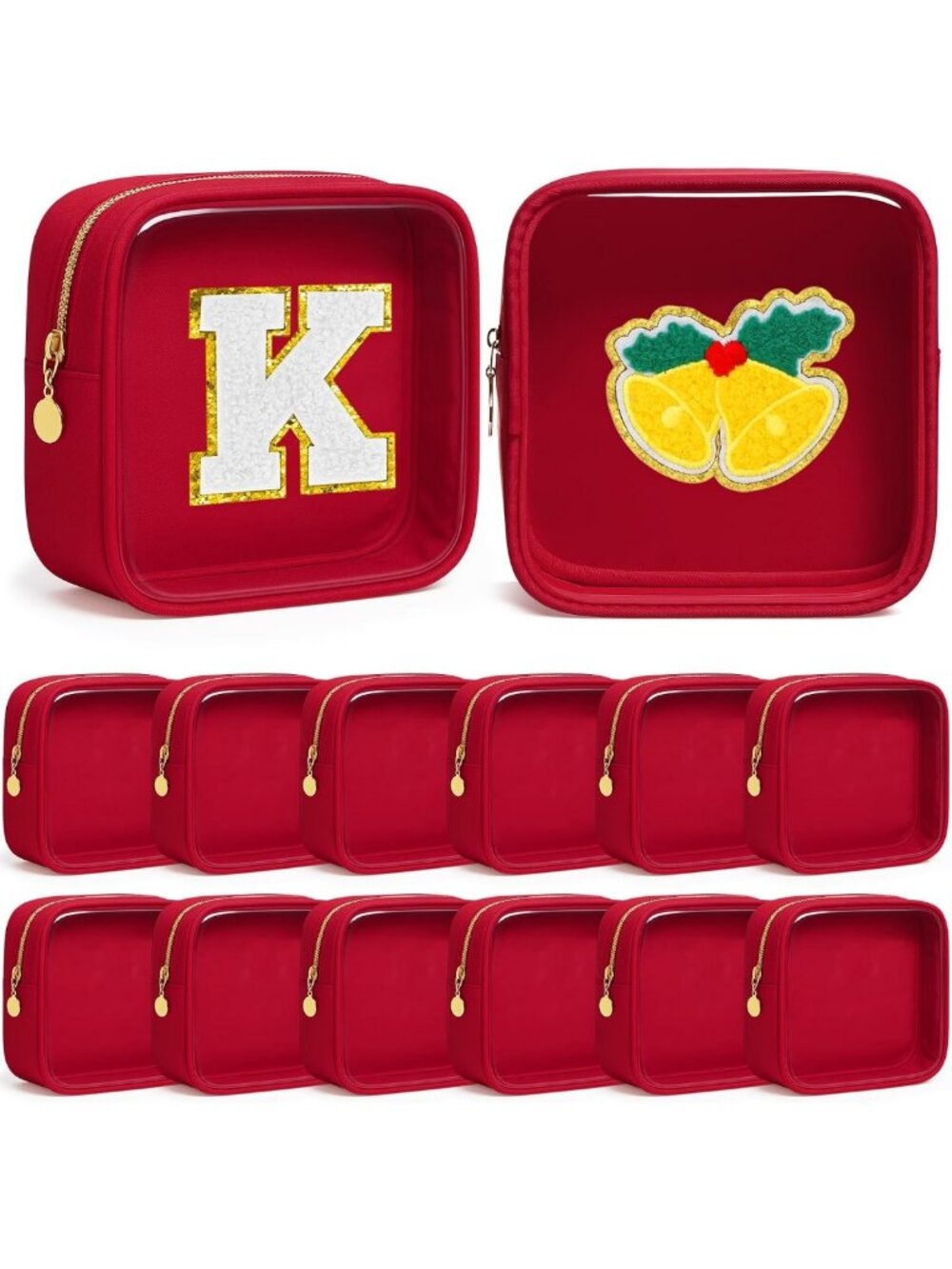 12 Pcs Mini Square Makeup Bags - Small Red Nylon Pouches for Travel & Purse